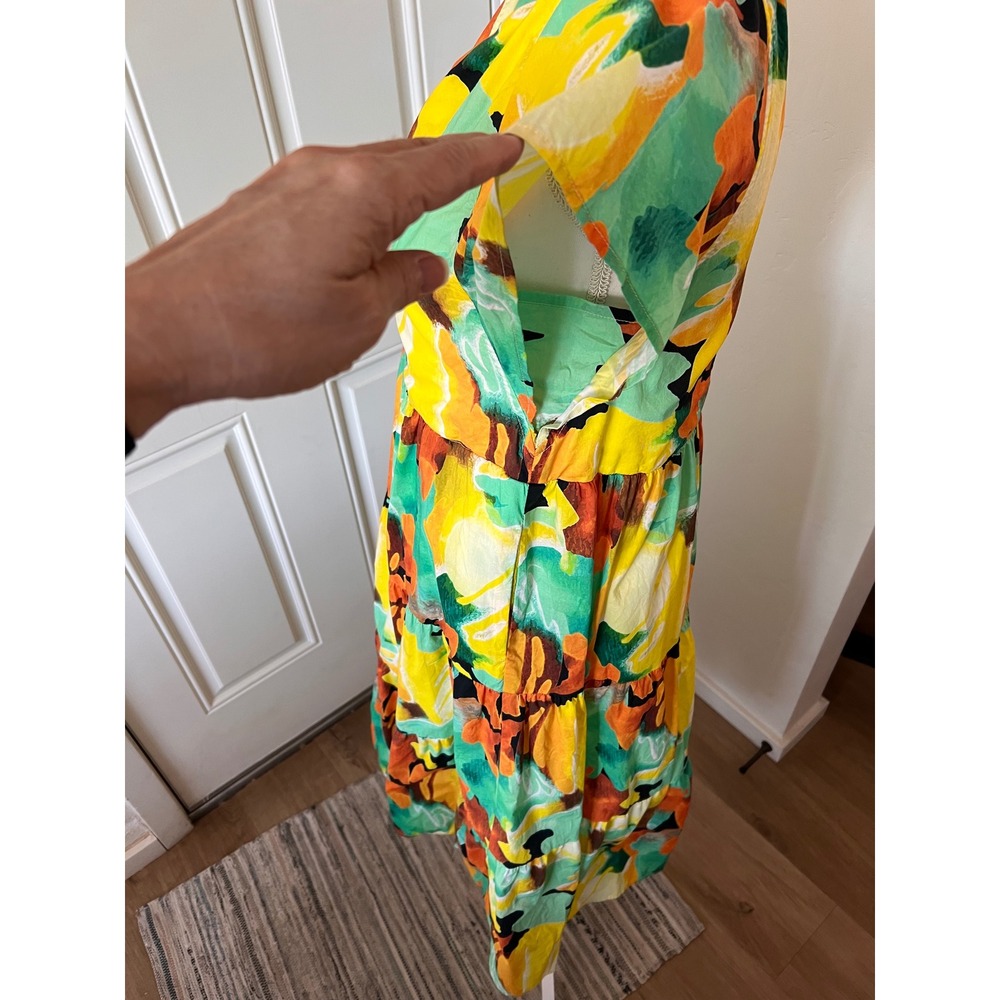 PINCH Floral Tiered Midi Dress Yellow Green Orange Cotton Flutter Sleeve Small - Picture 2 of 10